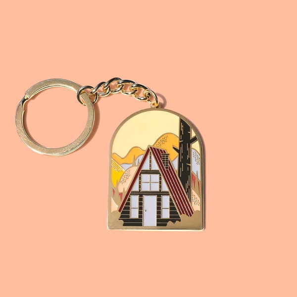Autumn A-Frame Cabin Enamel Keychain // Vintage Camping Camp Adventure Explore Fall Leaves Forest Wanderlust Gift