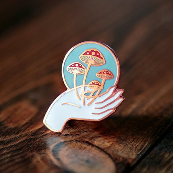 Mushroom Nurture Nature Pin // Artist Series pin by Frolik Studio // Mycology Red White Copper Fly agaric Amanita muscari Gift