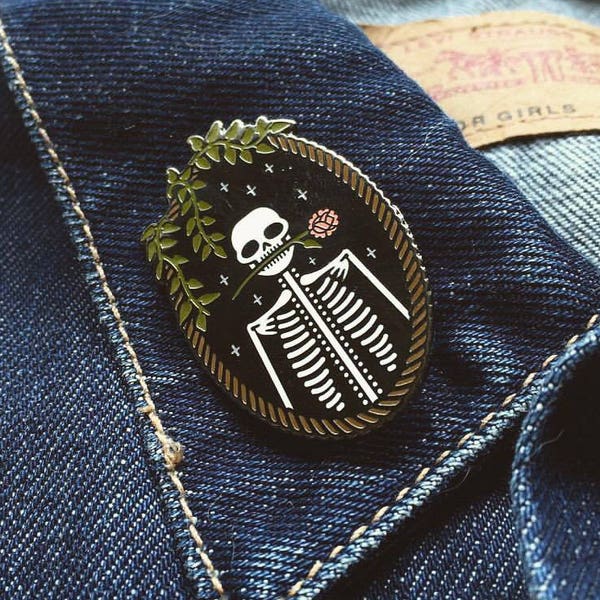 Skeleton "Jackie" Pin // Artist Series pin by tinycup needleworks // Embroidery cameo skeleton flowers Halloween dia de los muertos spooky