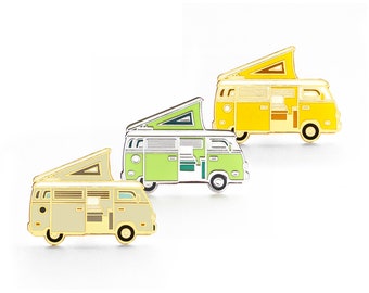 Camper Van Red Yellow Green Beige Enamel Lapel Pin Badge // Artist Series pin by April Black // Pop Up Top Bus Vanlife Adventure Outdoors
