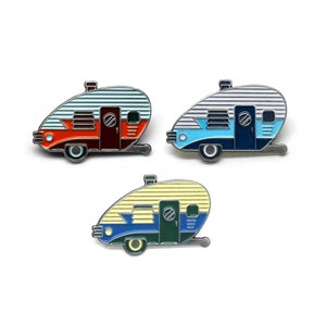 Camper Trailer Enamel Lapel Pin Badge // Teardrop Winnebago Camping Trailer Wanderlust Travel Adventure Red Orange Blue