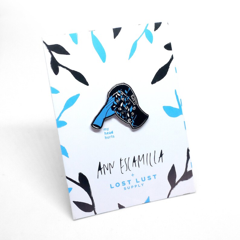 My Head Hurts Enamel Lapel Pin Artist Series Pin by Ann Escamilla Foliage Botanical Black and Blue Hard Enamel Emo Headache Chicago