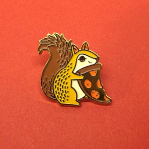 Trash Squirrel Pizza Enamel Lapel Pin Badge // Artist Series pin by Teagan White // Gold Cheese Pepperoni Squirrel Gift Forest Autumn Fall image 1