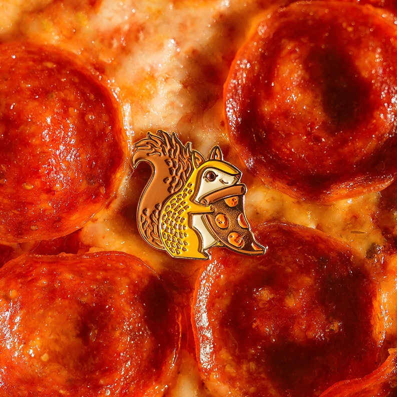 Trash Squirrel Pizza Enamel Lapel Pin Badge // Artist Series pin by Teagan White // Gold Cheese Pepperoni Squirrel Gift Forest Autumn Fall image 3