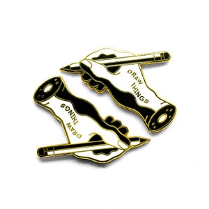 Draw Things Enamel Lapel Pin Badge // Artist Series pin by Harold Apples // Gold Monoline MC Escher Severed Hand Pencil
