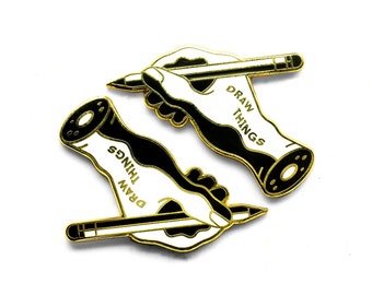 Draw Things Enamel Lapel Pin Badge // Artist Series pin by Harold Apples // Gold Monoline MC Escher Severed Hand Pencil