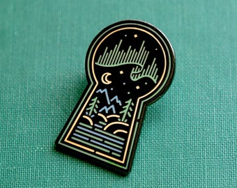 Aurora Borealis Keyhole Enamel Lapel Pin Badge / Artist Series pin by Heeey! Studio / Northern Lights Arctic Night Skeleton Key Nature