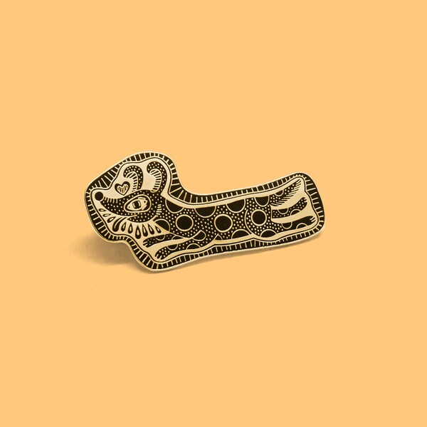 Deerjerk Dog Enamel Lapel Pin / Artist Series pin by Bryn Perrott / Wood Carving Puppy Folk Lapel Pin Gift