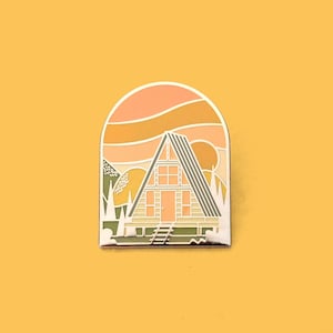 Summer A-Frame Cabin Enamel Lapel Pin Badge // Vintage Camping Camp Adventure Explore Sunrise Beach Cabana Wanderlust Gift