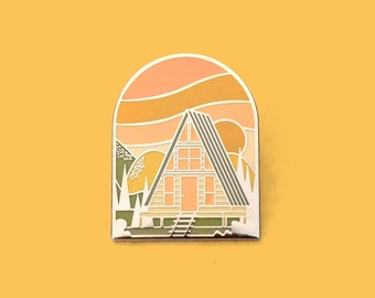 Summer A-Frame Cabin Enamel Lapel Pin Badge // Vintage Camping Camp Adventure Explore Sunrise Beach Cabana Wanderlust Gift