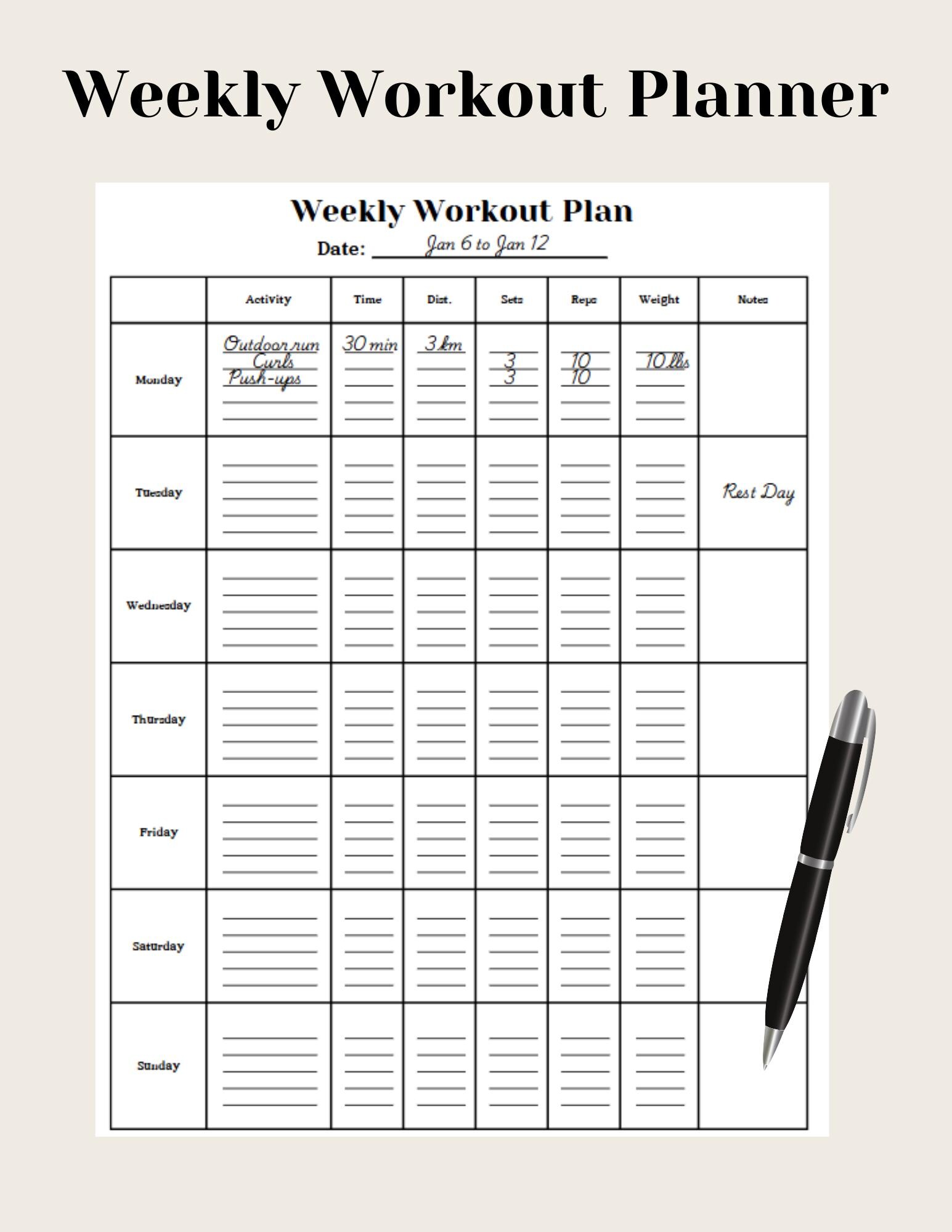 Prinable Workout Week Weekly Workout Planner, Printable PDF, Health and Wellness, Letter Size ...