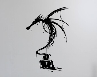 Inky Dragon Wall Decal Vinyl Sticker Ancient Mythical Animal Fantasy Monster Wall Art Home Room Bedroom Medieval Decor Gift Poster dn1