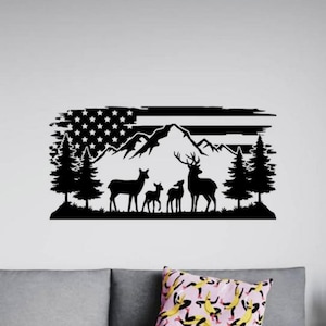 Ciervo familia pared calcomanía vinilo pegatina bandera americana ciervo pared arte cazador regalo Buck Fawn decoración cartel montañas signo bosque camping calcomanía 2838