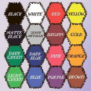 Op de afbeelding: Een kleurenkaart met 16 verschillende kleuren, waaronder zwart, wit, rood, geel, matzwart, zilver metallic, bordeaux, goud, donkergroen, donkerblauw, roze, oranje, lichtgroen, blauw, paars en bruin.