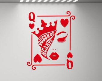 Queen of Hearts Wall Decal Vinyl Sticker Playing Cards Wall Art Gift Casino Wall Decor Poster Sign Stencil Mural Indoor Outdoor 3109