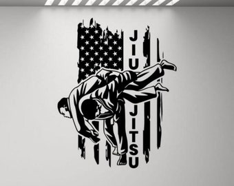 Jiu Jitsu Naklejka ścienna Naklejka winylowa Brazylijskie Jiu Jitsu USA Amerykańska flaga Sztuka ścienna Prezent Siłownia Dekoracja ścienna Plakat Znak BJJ Wewnątrz Na zewnątrz 3168