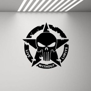 May include: Black and white decal of a skull with a star and the text "Live Without Limits".