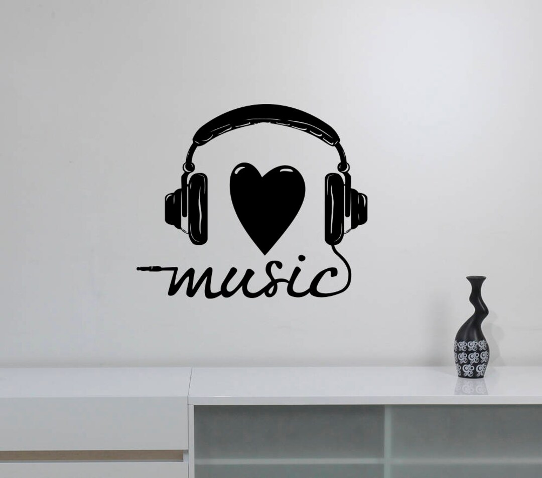 Love Music Wall Decal Headphones Vinyl Sticker Heart Inspirational Art