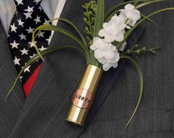 Brass 12g Shotgun shell boutonniere personalized, custom lapel pin vase, nosegay, groomsman groom best man gifts, country military wedding