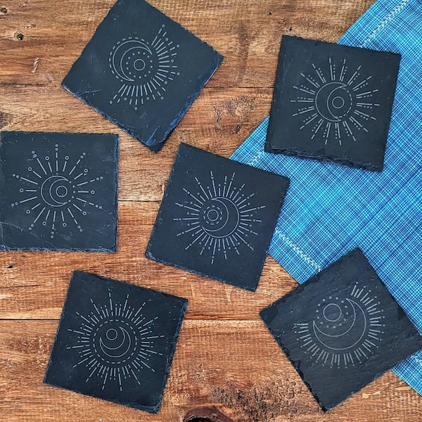 Engraved Slate Coasters, Sun & Moon Astrology Set
