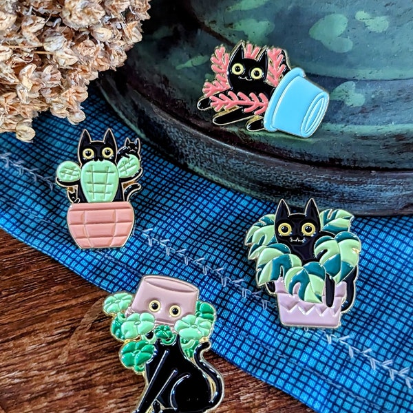 2 Cat & Plant Enamel Pins Pre-Wrapped Gift Set, Cute Feline Houseplant Metal Pushpin Gift for Cat, Pet, Animal or Plant Lover