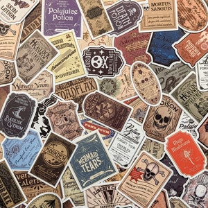 May include: A collection of vintage-style potion bottle labels with various names and descriptions, including "Polyjuice Potion", "Death Potion", "Mermaid Tears", "Basilisk Venom", and "Fairy Dust". The labels are printed on a white background with black, brown, and red lettering.