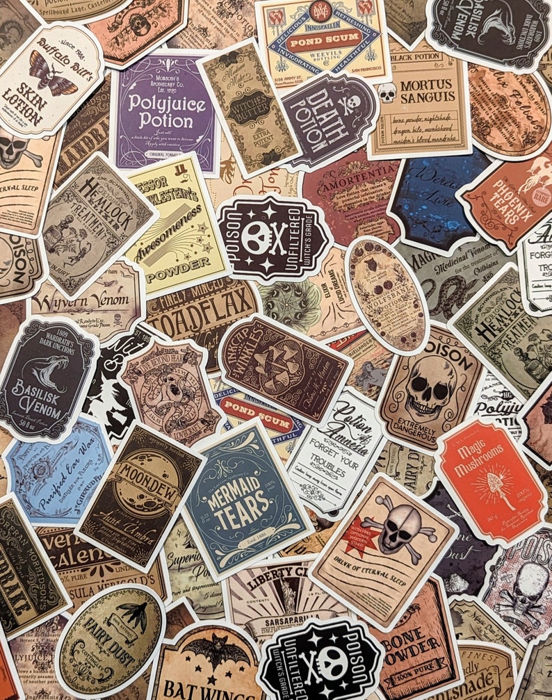 May include: A collection of vintage-style potion bottle labels with various names and descriptions, including "Polyjuice Potion", "Death Potion", "Mermaid Tears", "Basilisk Venom", and "Fairy Dust". The labels are printed on a white background with black, brown, and red lettering.