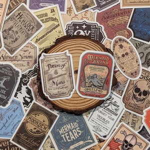 May include: A collection of vintage-style potion bottle labels with whimsical names and illustrations. The labels feature a variety of colors, including red, blue, green, and brown. Some of the labels have skulls, mermaids, and other fantastical creatures. The labels are printed on a textured paper and have a distressed look.