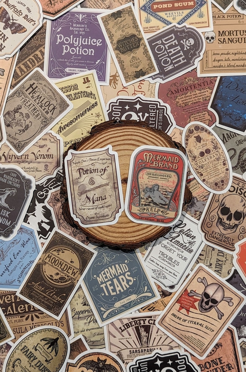 May include: A collection of vintage-style potion bottle labels with whimsical names and illustrations. The labels feature a variety of colors, including red, blue, green, and brown. Some of the labels have skulls, mermaids, and other fantastical creatures. The labels are printed on a textured paper and have a distressed look.