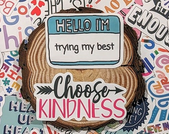 Può includere: Una collezione di adesivi colorati con messaggi positivi, tra cui "Ciao, sto facendo del mio meglio", "Scegli la gentilezza", "Credo nelle mie capacità" e "Sono fedele, sono determinato, sono grato".