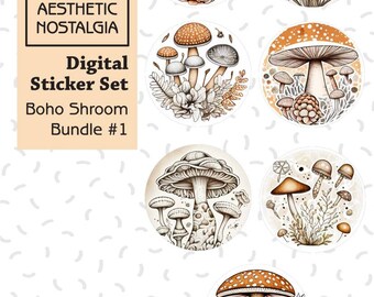 Boho Mushroom Digital Stickers, Planner, iPad, Goodnotes (Digital Download)