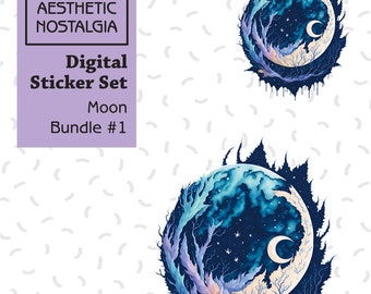 Boho Moon Digital Sticker Set, Planner Stickers (PNG, JPG)
