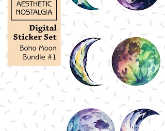 Boho Moon Digital Stickers, Planner Stickers (PNG)