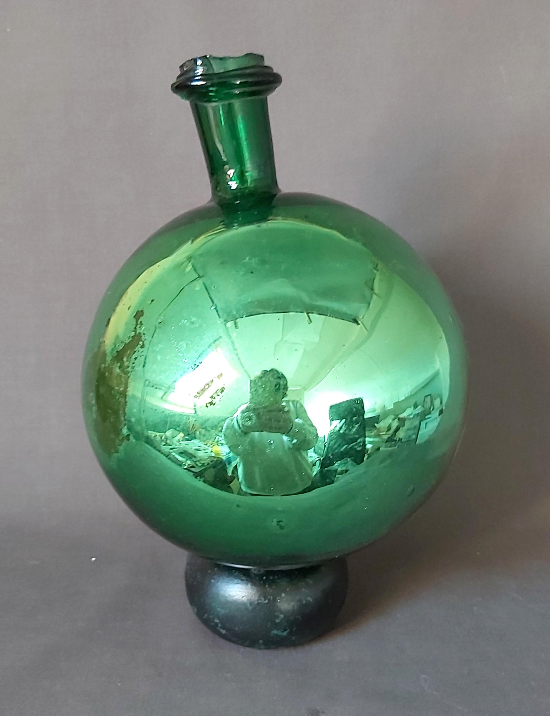 Antique Mercury Glass Kugel Ornament, Green Witches Ball (1820