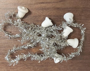 Vintage silver tinsel garland with 6 small spun cotton bells Christmas ornament collectible