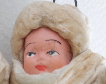 Antique cotton Christmas figure child on sled collectible paper mache handmade Germany