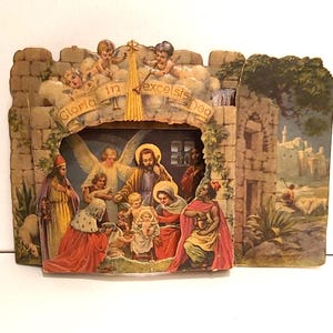 Petite crèche ancienne en carton, décoration de Noël, objet de collection Betlem, Tchécoslovaquie 3-D