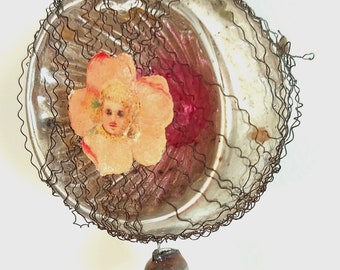 Antique leonic wire diorama Glass ball scrap Christmas ornament collectible Germany Sebnitz