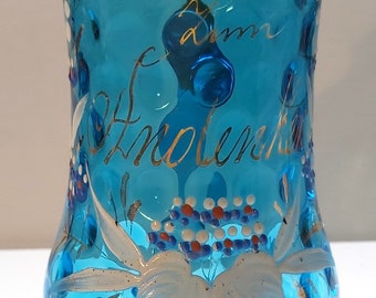 Antique Victorian hand painted enamel glass tumbler blue glass floral