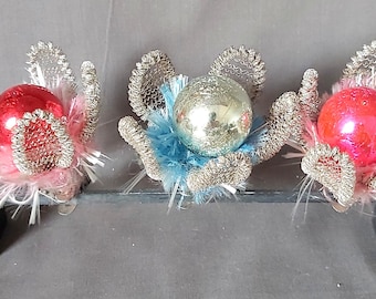 Vintage kerstclipornamenten – retro decoratie uit het midden van de eeuw – set van 3