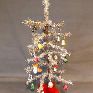 Beautiful small original antique silver tinsel handmade Christmas tree with decoration reproduction
