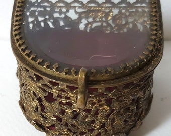 Little antique brass box collectible decoration glass lid handmade rare