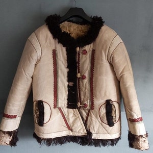 Antique sheepherder coat folklore Slovak rare handicraft original leather sheep