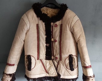 Antique sheepherder coat folklore Slovak rare handicraft original leather sheep