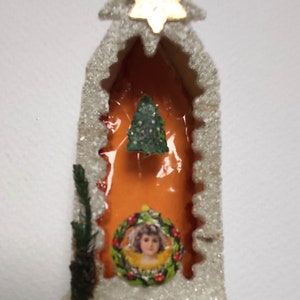 Antiguo Dresde cartón hecho a mano adorno navideño chatarra coleccionable brillo de vidrio Venetian Dew