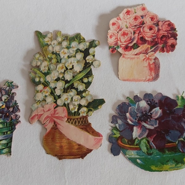 4 Rare and unique German paper scrap antique Victorian ornament flowers glanzbilder