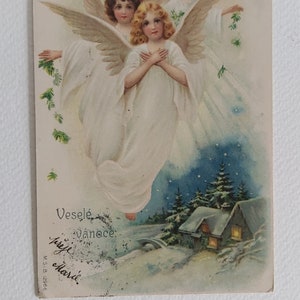 Vecchia cartolina d'epoca auguri di Buon Natale angeli da collezione