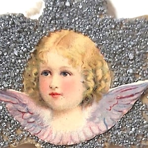Cartón antiguo adorno navideño ángel chatarra coleccionable mica hecha a mano