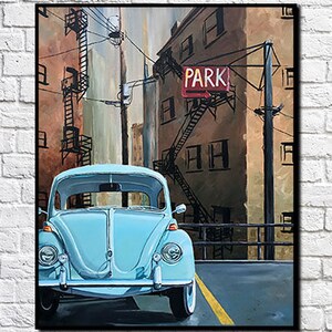 May include: A light blue vintage Volkswagen Beetle parked in an urban setting with a red sign that reads "PARK" above it.