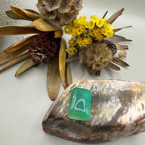 May include: A green gemstone cabochon with a silver-colored design inside, set on a piece of green and brown rock.